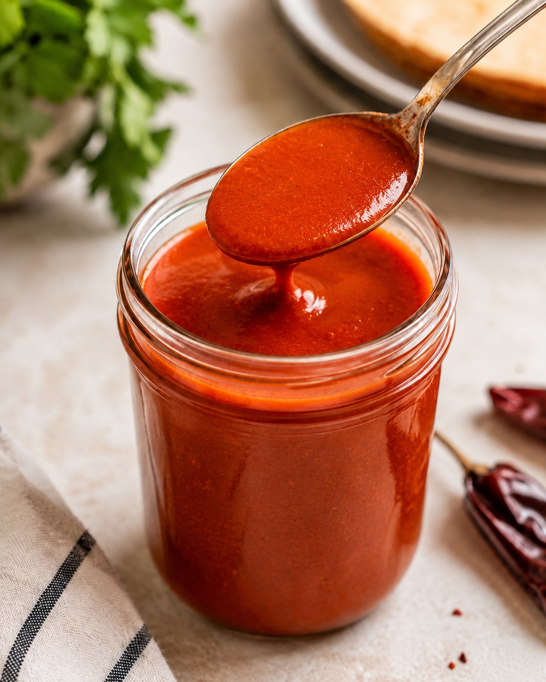 Red enchilada sauce in a glass jar with a wooden spoon