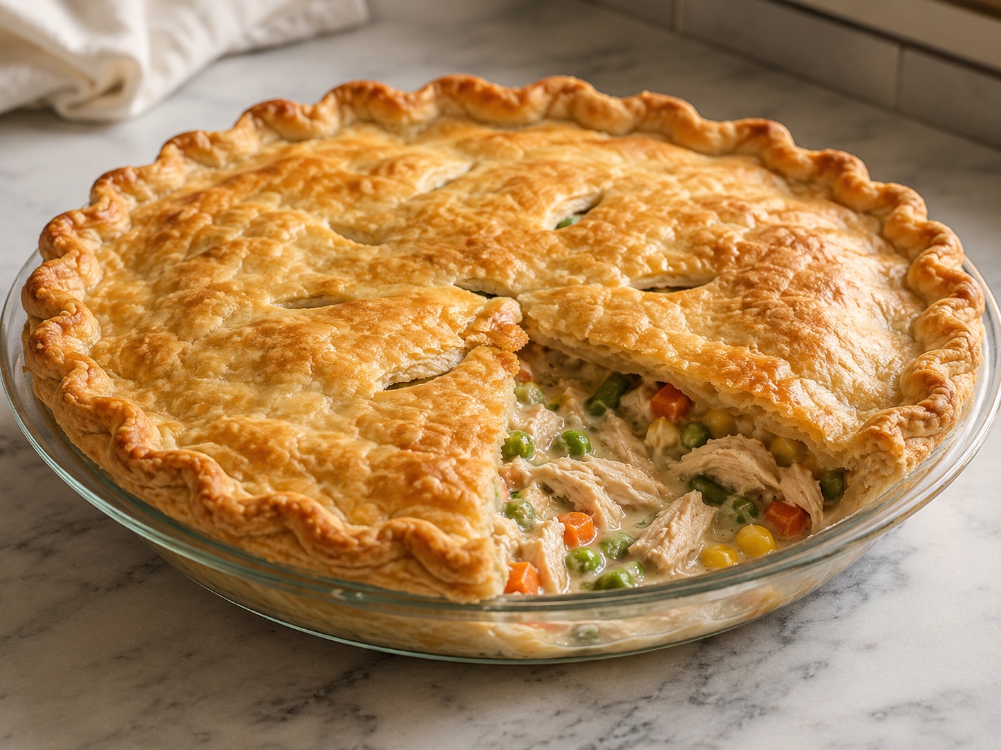 Golden-brown turkey pot pie in a glass pie dish, with a slice removed to reveal shredded turkey, mixed vegetables, and creamy filling.